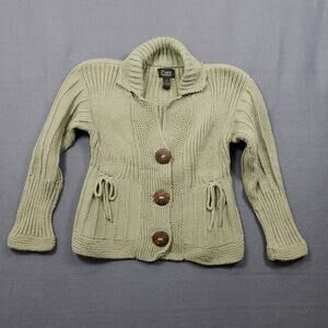 PURE Womens Cardigan Sweater Small Green Handknit Cotton Coconut Buttons Collar